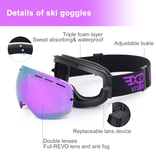 Image of EXP VISION Snowboard Ski Goggles Men Women Youth, Anti Fog OTG Winter Snow Goggles Spherical Detachable Lens (Grapes)