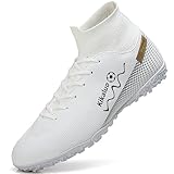 Kikaluo Men's Soccer Shoes Indoor Turf Cleats High-Tops Lace-Up Non-Slip Spikes Futsal Football Boots White EU 40