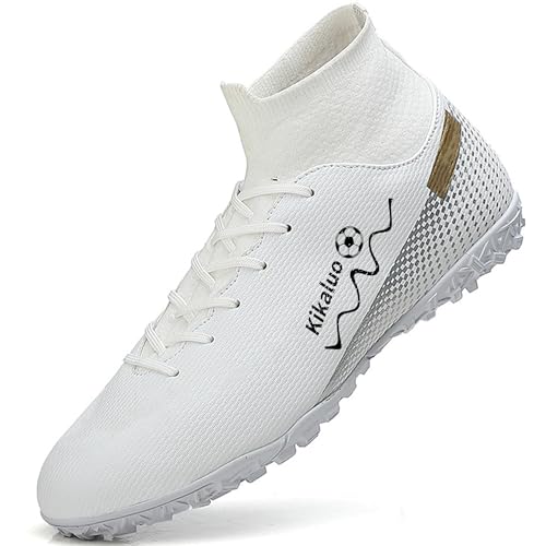 Kikaluo Men's Soccer Shoes Indoor Turf Cleats High-Tops Lace-Up Non-Slip Spikes Futsal Football Boots White EU 40