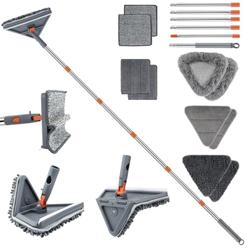 UIMO Wall Cleaner Mop with 94' Long Handle, 2-in-1 Triangle & Rectangle Head with Squeegee, 10 Washable Pads, Baseboard Cleaner Tool for Walls Scrubber, Ceilings, Windows, Glass, Fans, Doors, Corners