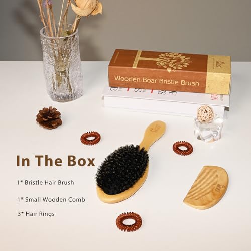 Black Egg Boar Bristle Hair Brush For Women Men Kid, Soft Natural Bristles Brush For Thin And Fine Hair, Restore Shine And Texture, Set Includes Bamboo Comb And 3 Hair Ties thumb #3