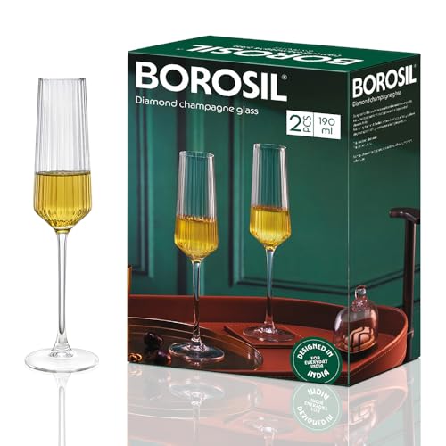 Image of Borosil 190ml x 2pc Diamond Champagne Glass Set | Flute for Champagne, Sparkling Wine, Prosecco & Cocktails | Elegant Glassware for Celebrations & Gifting