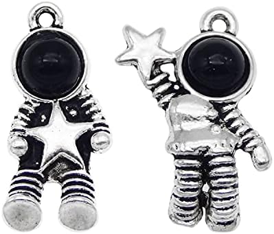 JJG 24PCS Space Theme Cartoon Astronaut Spaceship Tibetan Silver and White Colors Charms Pendant for Necklace and Bracelet Jewelry Making (Silver)