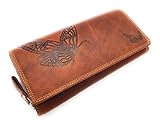 Jockey Club echt Leder Geldbörse lang Portemonnaie Geldbeutel Sauvage Leder mit RFID Schutz Schmetterling (Braun)