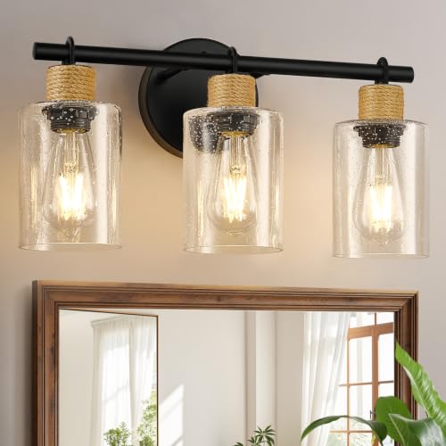 Image of MOKATNG Bathroom Light Fixtures, 3-Light Coastal Vanity Lights with Seeded Glass, Black Bathroom Wall Lamp for Mirror Kitchen Cabinet Hallway