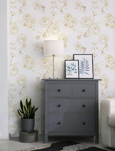Image of VKR White and Gold Rose Peel and Stick Wallpaper, Self Adhesive Waterproof PVC Wall Sticker for Bedroom, Living Room and Furniture Decoration (45 cm x 300 cm)