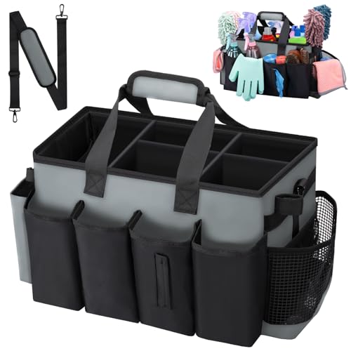 Wigojoy Wearable Large Cleaning Caddy Bag for Housekeeper Clean Supply Organizer with Adjustable Shoulder Waist & Handle Straps Detailing Bag for Kitchen Supplies (Black&Gray)