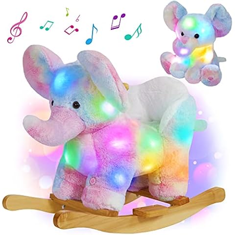 Glow Guards Light up Musical Elephant Baby Rocking Horse Set of 2 with Rainbow Elephant Plush Toy Baby Wooden Chair for Toddlers Girls and Babies Age 1-3 (Elephant) Cover