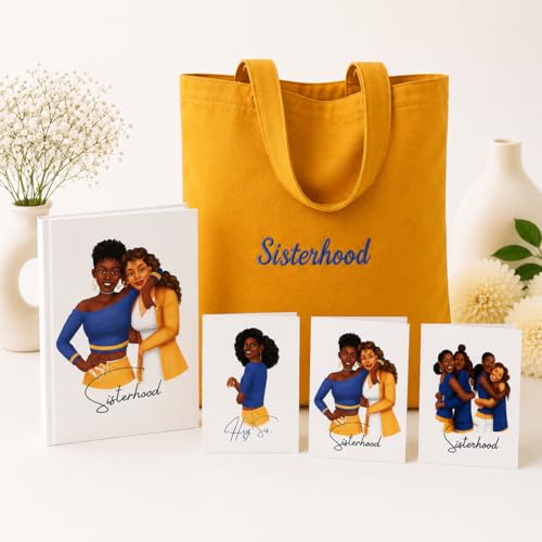 Image of Sisterhood Tote Bag, Journal and Stationery Gift Set, 6x9 inch Lined Journal, 3 Greeting Cards, Embroidered Canvas Tote, Gift Pack for Friends and Sisters (Blue+Gold)