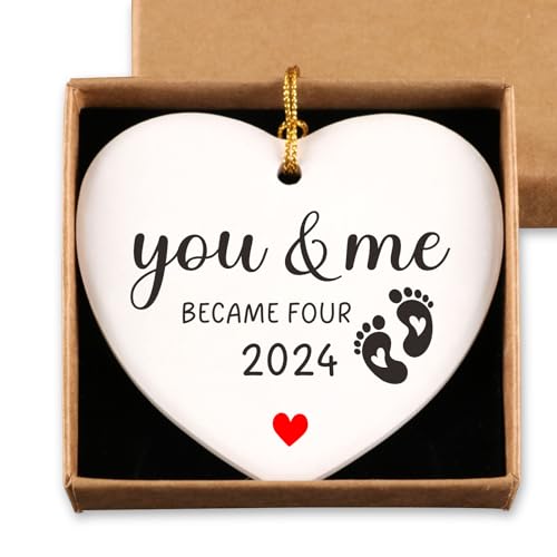 Image of You and Me Became Four 2024 Baby's First Christmas Tree Hanging Ornament Family of 4 Newborn Infant Baby Gifts for New Family Parent Mom Dad Keepsake Sign Heart Ceramic Ornament