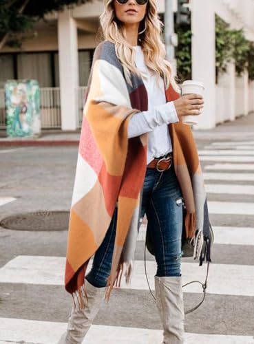Image of Bestshe Women's Boho Open Front Poncho Plaid Shawl Wrap Cape | Tassel Cardigan Sweater, Cozy Layering, Fall Winter Clothes for Women