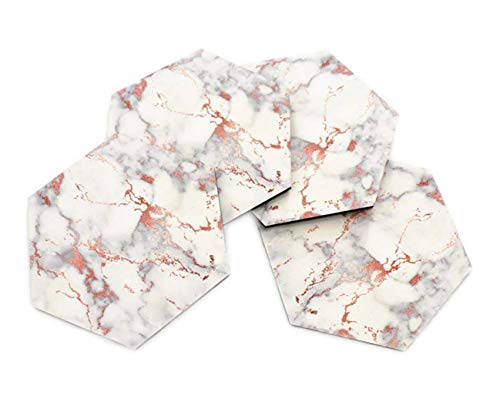 DrCor Rose Gold Hexagon Coasters for Drinks Rose Gold Marble Pattern Kitchen Decor Waterproof with Cork Backed Decorative Coasters (4 Inch,Set of 4