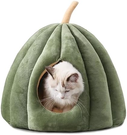 Cute Cat Bed for Indoor Cats, Pumpkin Style Cat Cave Bed Pet Tent Cat House with Removable Cushion Pillow, Soft Semi-Closed Pumpkin Shape Pet Bed for Small, Medium Dogs and Cats