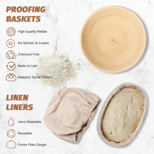 Image of Sourdough Proofing Basket Gift Set, 9 inch Round and 10 inch Oval Banneton Bread Baking Supplies, Sourdough Baskets with Bread Lame, Danish Whish, Bowl Scraper, Sourdough Scraper, and Linen Liner