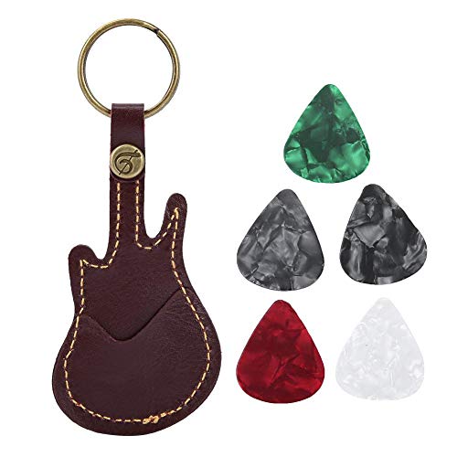 Bnineteenteam Guitar Shaped Guitar Picks Holder Case PU Leather Guitar Plectrum Holder with 5pcs Colorful Picks for Guitar Players(Brown)