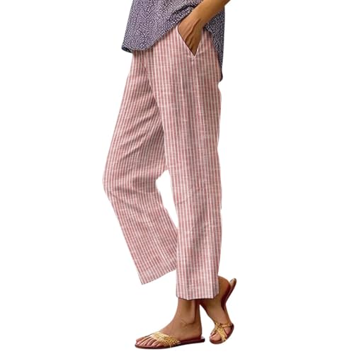 Striped Pants for Women High Waisted Elastic Beach Pants Casual Loose Lightweight Straight Leg Trousers with Pockets