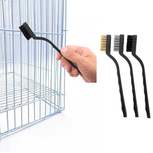 Image of 3PCS Bird Cage Cleaning Brush Set-Copper,Nylon and Stainless Steel Wire Brushes for Cleaning Parrot Cages, Kennels, and Perches,Removes Poop and Keeps Bird Cages Fresh,Essential Bird Cage Accessory