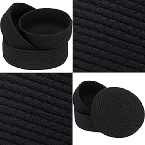 Image of 100% Natural Jute small box mini rope paper storage Round hamper baby nursery tray bucket for Living Kitchen, Office, Drawing Room,fruits, kitchen, office, Set of 3 (BLACK)