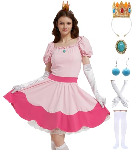 KaKaxi Halloween Costume Pink Evening Dresses with Waist Belts Gloves Hats Golden Crown Leggings Earrings Accessories for Women,M