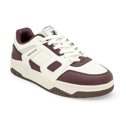 Image of Red Tape Men's Sneakers Maroon White Mesh Pu Round Toe Lace-Up Comfort Grip
