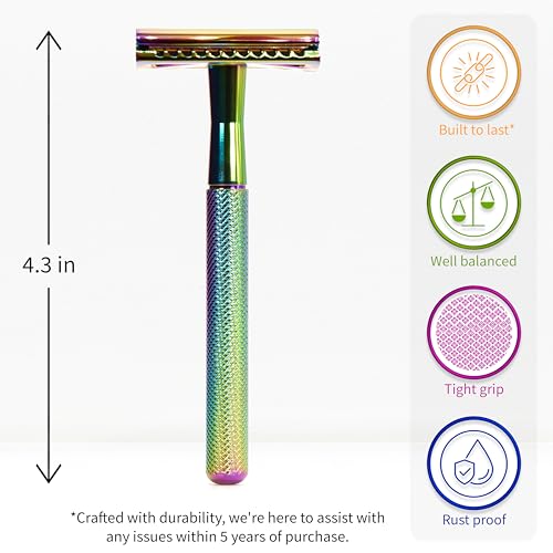 Image of Bambaw Double Edge Safety Razor with 5 Safety Razor Blades, Women & Men's Safety Shaving Razor, Reusable Razor, Plastic Free - Rainbow