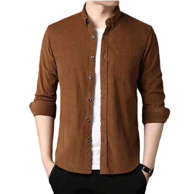 FORUI Men's Corduroy Shirt Casual Long Sleeve Button Down Lightweight Shirts for Men with Chest Pocket Yellow