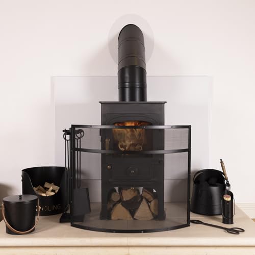 CHARLES BENTLEY Fire Guard, Snug, Hornbeam, Fireguard, Iron, Contemporary, Curved Design, Black Border, Silver Mesh, Industrial Design, Powder Coated, Curved Design, Fireside, Fireplace (75x63x15cm)