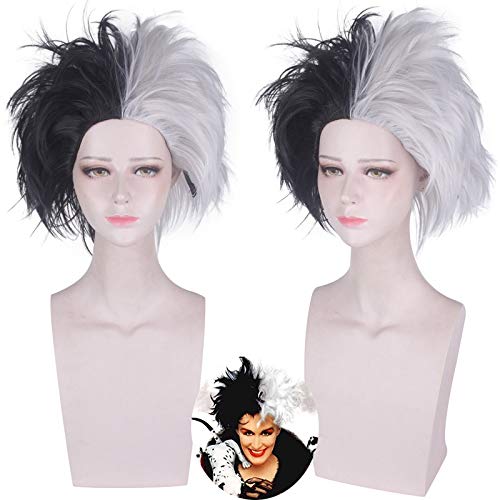 101 dálmatas Cruella Devil Cosplay disfraz peluca mitad blanco y negro esponjoso...