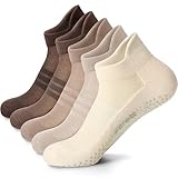 FITRELL Pilates Socks for Women, Ankle Yoga Non Slip Grip Socks for Barre Hospital Gym 5 Pairs, Dark Brown+Brown+Light Brown+Khaki+Beige, Medium