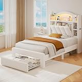 Jocoevol Twin Size Bed Frame with LED Storage Headboard & Drawers, Velvet Upholstered Bed with Vertical Tufted Headboard Design, USB & Type-C Charging Ports, Wooden Slats Support, Noise-Free, Beige