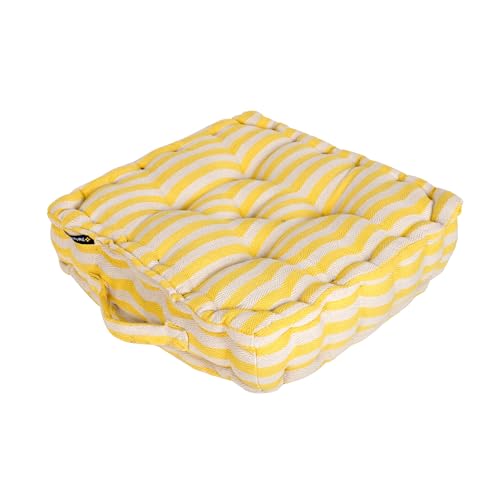 Image of Weaved Quilted Floor Cushion 60x60x10 cm Yellow Stripe with Cotton Filler Large Size for Seating, Patio Seat, Meditation, Yoga, Pooja, Guests, Living Room, Bedroom Size - 24x24x4 Inch