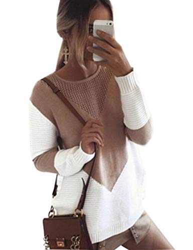 shermie Women Long Sleeve Crew Neck Pullovers Stitching Color Loose Knitted Sweaters Camel XL