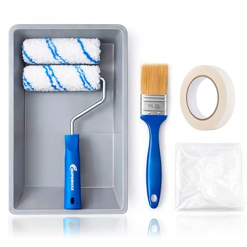 Kit de Pintura 7 en 1 SUPERHAX® – Bandeja, Rodillo 10 cm con 2 Recambios, Brocha, Cinta de Carrocero y Plástico Protector 4x5m, Set Completo para Paredes y Bricolaje