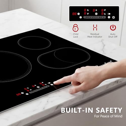 Image of 36 Inch Electric Cooktop, 5 Burner Built-In Ceramic Glass Stove Top, 9200W | 36-inch built-in radiant cooktop with 5 zones, 9200W, ceramic glass, touch control, and 220-240V wiring.