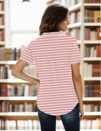 Anajonri Polo Striped Shirts For Women Casual Short Sleeve Work Shirts V Neck Tops Collared Blouses Pinkstripe Xl thumb #4