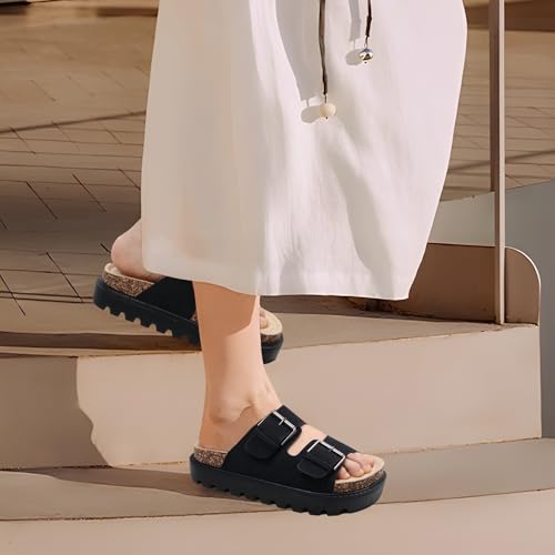 Image of Chunky Platform Sandals for Women, Waterproof Non-Slip Rubber Sole, Adjustable Double Buckle, Arch Support Open Toe Slide Sandals, Comfortable Black Wedge Sandals for Women