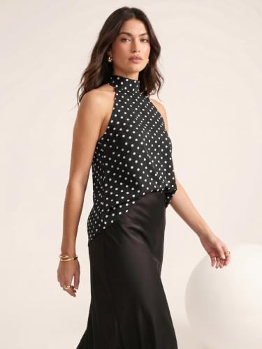 Image of Selvia Crepe Polka Dots Printed Halter Neck Black Top for Women, Tops for Women Western, Top for Women Stylish