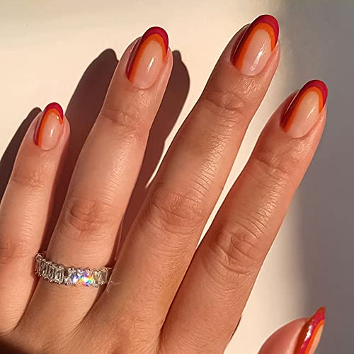 KXAMELIE Almond French Press on Nails Short,Cute Orange Red Glue on Nails Glossy Oval Shape Acrylic Nails Press on Daily Wear for Women and Girls 24Pcs