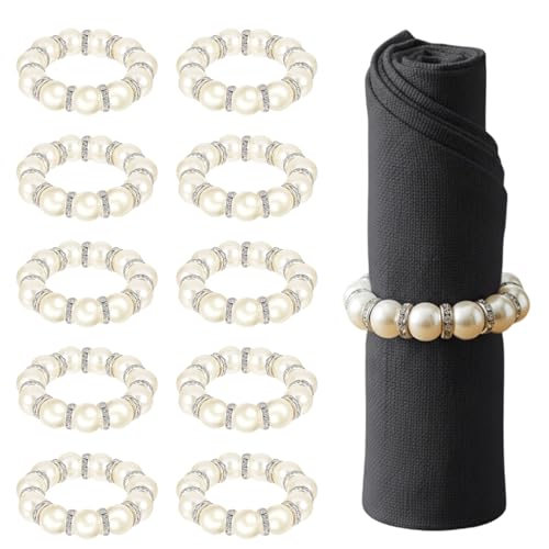 Napkin Rings, 10 PCS Wedding Pearl Napkin Holders with Silver Crystal for Anniversary, Banquet, Party, Table Decor, 4CM Diameter