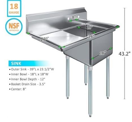 Express KitchQuip Stainless Steel Prep & Utility Sink | 304 Stainless Steel | Restaurant, Kitchen, Laundry, Garage | NSF Certified | (23” x 39” | One Bowl | Left Drainboard |)