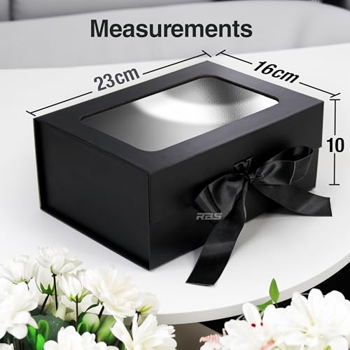 Image of RBS - Black Gift Box with Window 23x16x10cm Empty Gift Box for Packaging (1 Pack) Gifting Sturdy Hamper for Gift Corporate Gifting Box Holds Upto 5kg Transparent Gift Boxes for Gift Presentation