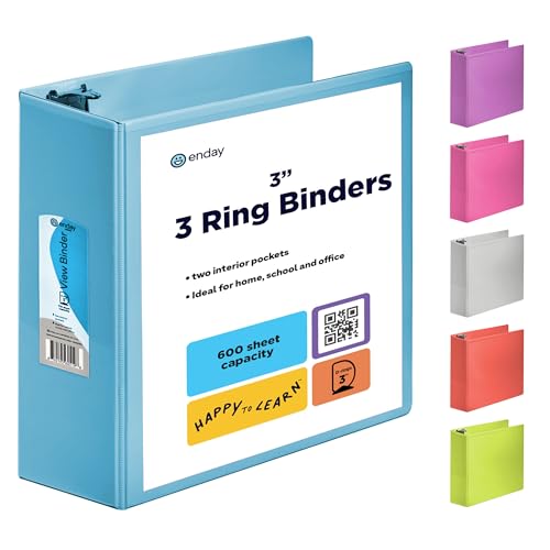 Enday 3 Inch Binder 3 Ring Binders Blue, Slant D-Ring 3” Clear View Cover with 2 Inside Pockets, Heavy Duty Colored School Supplies Office and Home Binders