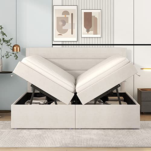 Kehun Boxspringbett Polsterbett 140x200, Doppelbett mit Lattenrost aus Metallrahmen, Bett mit Großer Stauraum und Kopfteil, Stauraum Betten Bettrahmen für Familie, Leinen, Beige, ohne Matratze – Bild 4