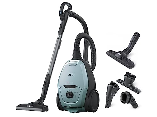 AEG VX82-1-4MB Staubsauger mit Beutel (Automatische Saugkraftregulierung, extrem leise auch auf Teppich, Aufnahme von großen + kleinsten Partikeln, langes Kabel, 55% Recyclingmaterial, 600W, hellblau)