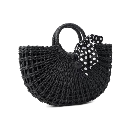 Image of YYW Straw Bags for Women,Hand-woven Straw Top-handle Bag with Round Ring Handle Summer Beach Rattan Tote Handbag