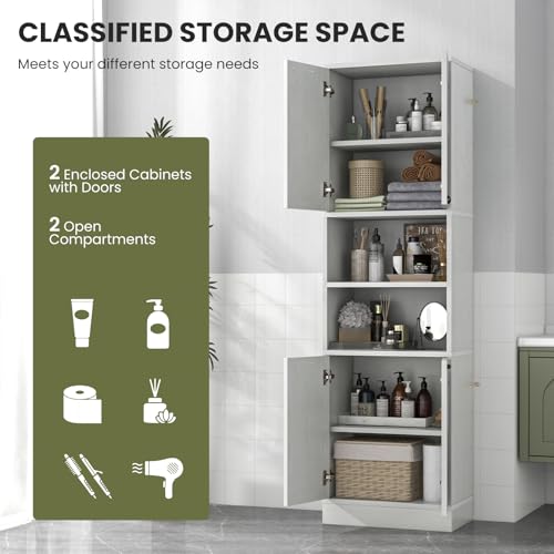 GIANTEX Armario Alto de Baño, 56 x 30 x 190 cm, Mueble de Almacenamiento con 4 Puertas y 2 Compartimentos Abiertos, con Kit Antivuelco, Organizador con 6 Estantes para Baño, Cocina (Roble Blanco) - imagen 5