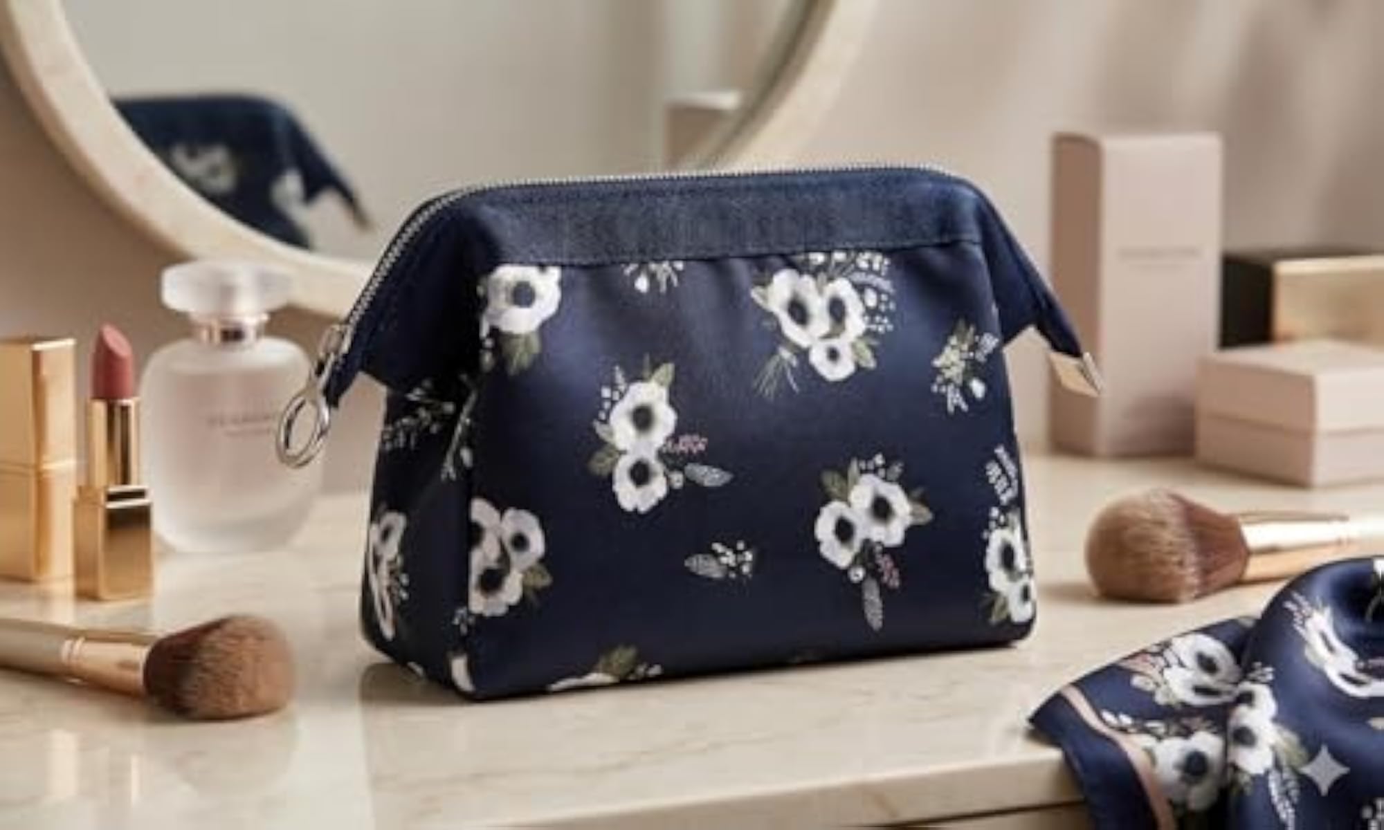 Portable Travel Makeup Pouch, Black Flower Design