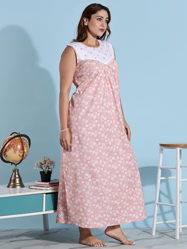 Image of 9shines Label Cotton Sleeveless Nighty | All Over Print Maxi Night wear for Women | Full Length Night Gown Night Dress for Women Stylish (Cotton Sleeveless 25)