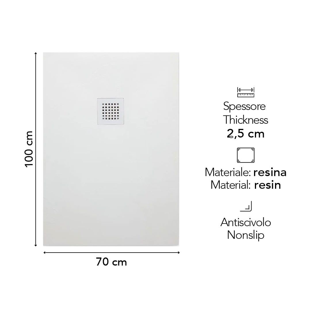 Kiamami Valentina - Piatto Doccia 70x100 Rettangolare Antiscivolo Riducibile in Resina Effetto Pietra Bianco, Solo 2,5 cm di Spessore, Copripiletta Acciaio Incluso