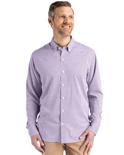 Cutter & Buck Skyline Epic Confidence Recycled Gingham Mens Long Sleeve Dress Shirt, College Purple/White, Purple